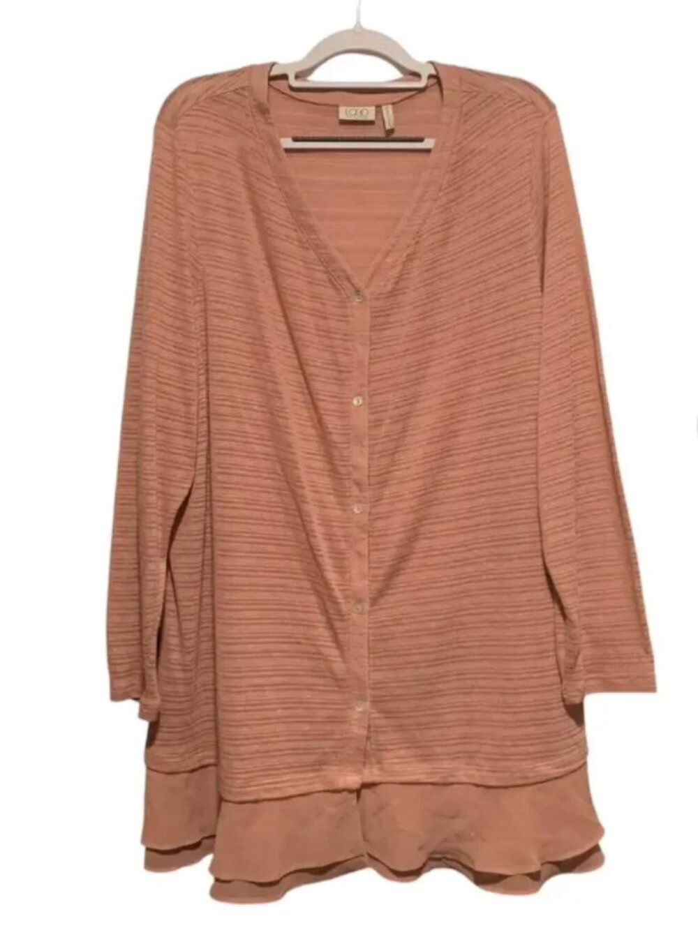 Logo Lori Goldstein Cardigan Button Front V-Neck Semi-Sheer Chiffon Hem Linen